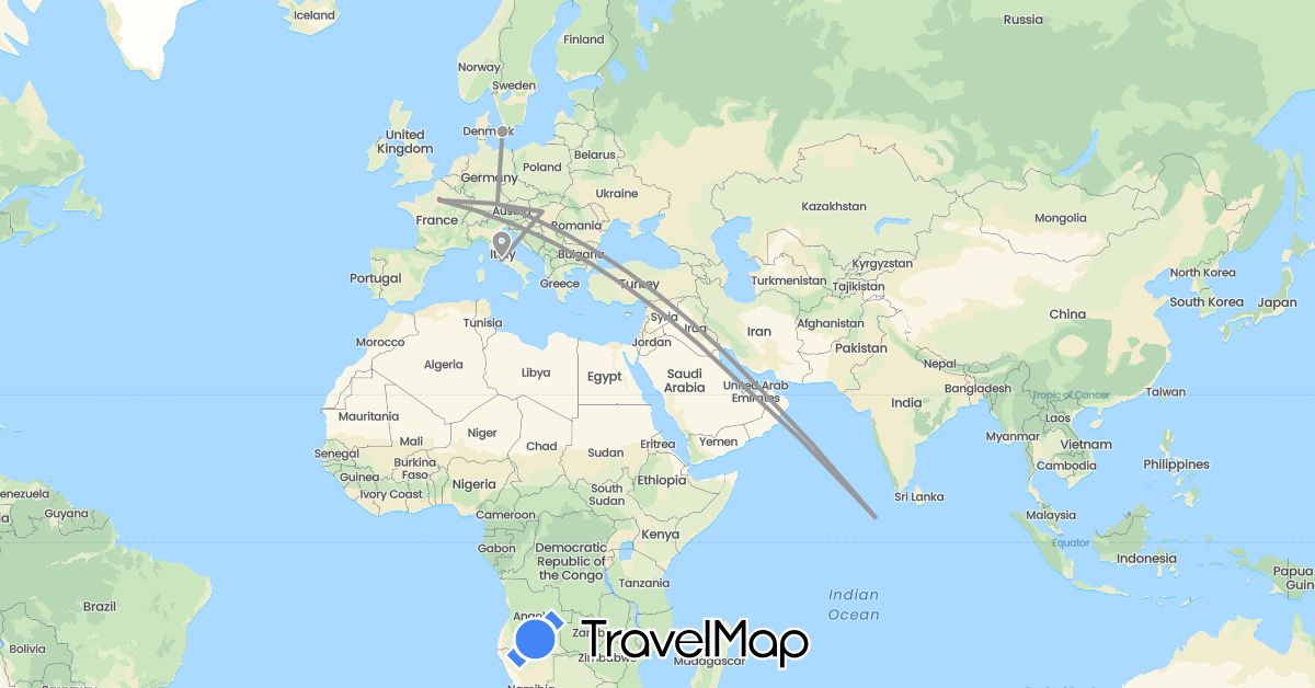 TravelMap itinerary: driving, plane, hiking, boat, motorbike in United Arab Emirates, Bahrain, Germany, Denmark, France, Hungary, Italy, Maldives (Asia, Europe)